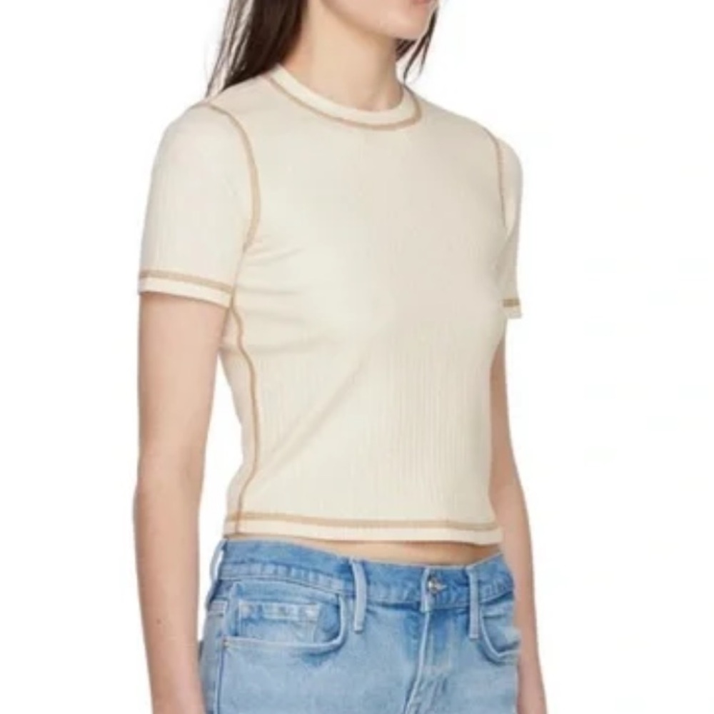 Frame- Contrast Stitch Rib-knit T-shirt In Bone - Picture 3 of 8